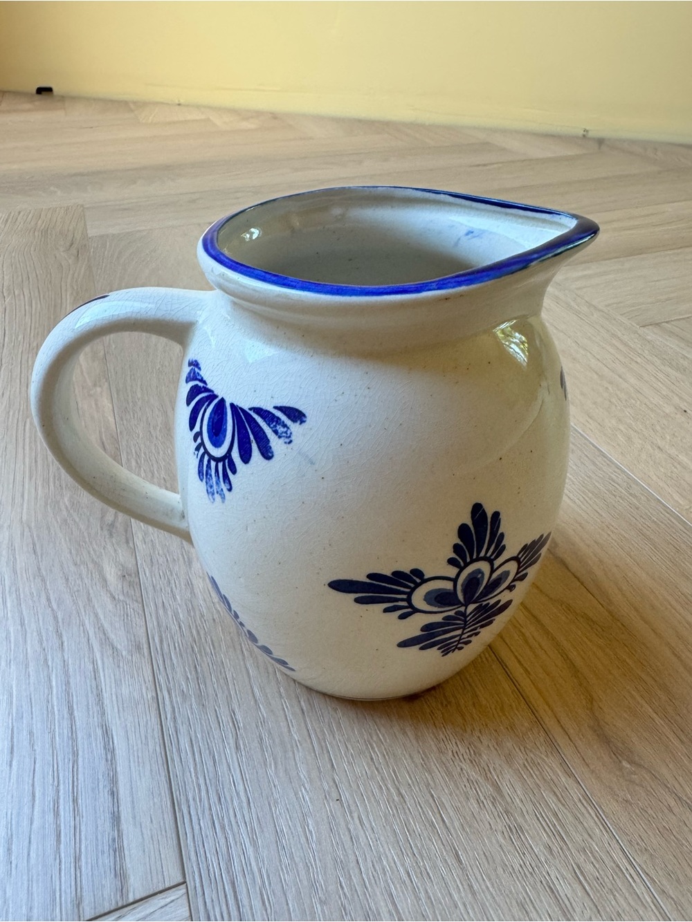 Hand-Painted Ceramic Pitcher in Cream and Blue